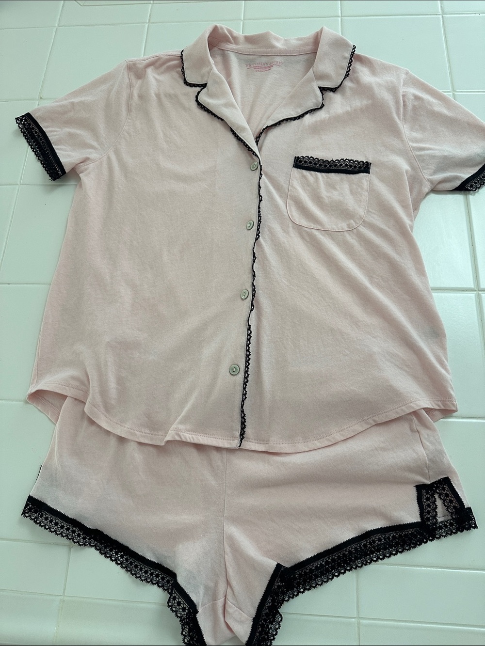 Soft Pink Short Sleeve Pajama Set with Black Lace Trim